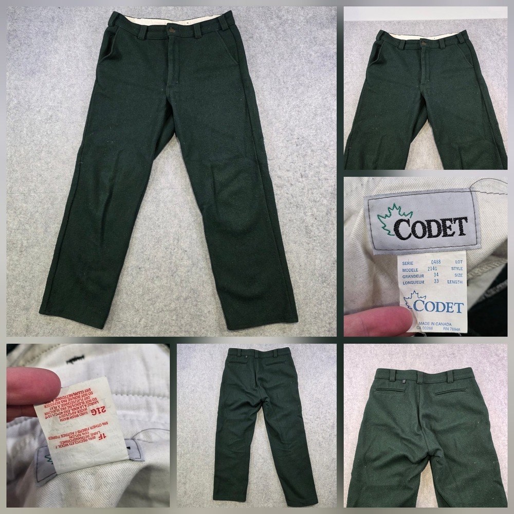 Codet Pants Mens 34x33 Green Wool‎ Flannel Straight Leg Winter Workwear Canada